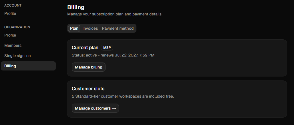 The billing settings page showing the current plan and how much of each limit the organization is using.