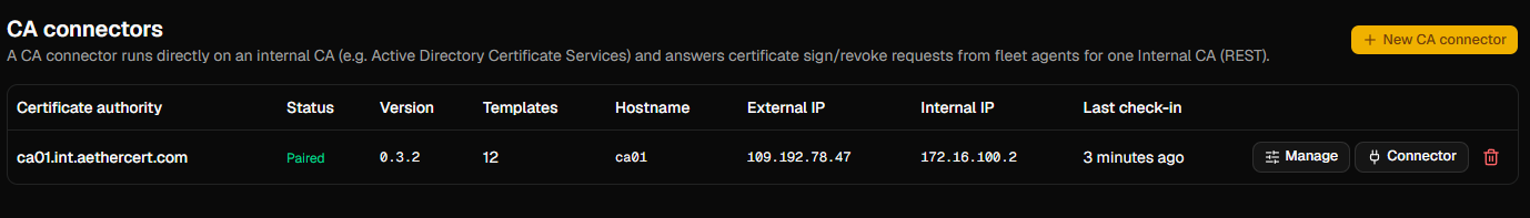 The CA connector panel for an internal REST certificate authority, showing the connector as paired and listing its discovered certificate templates.