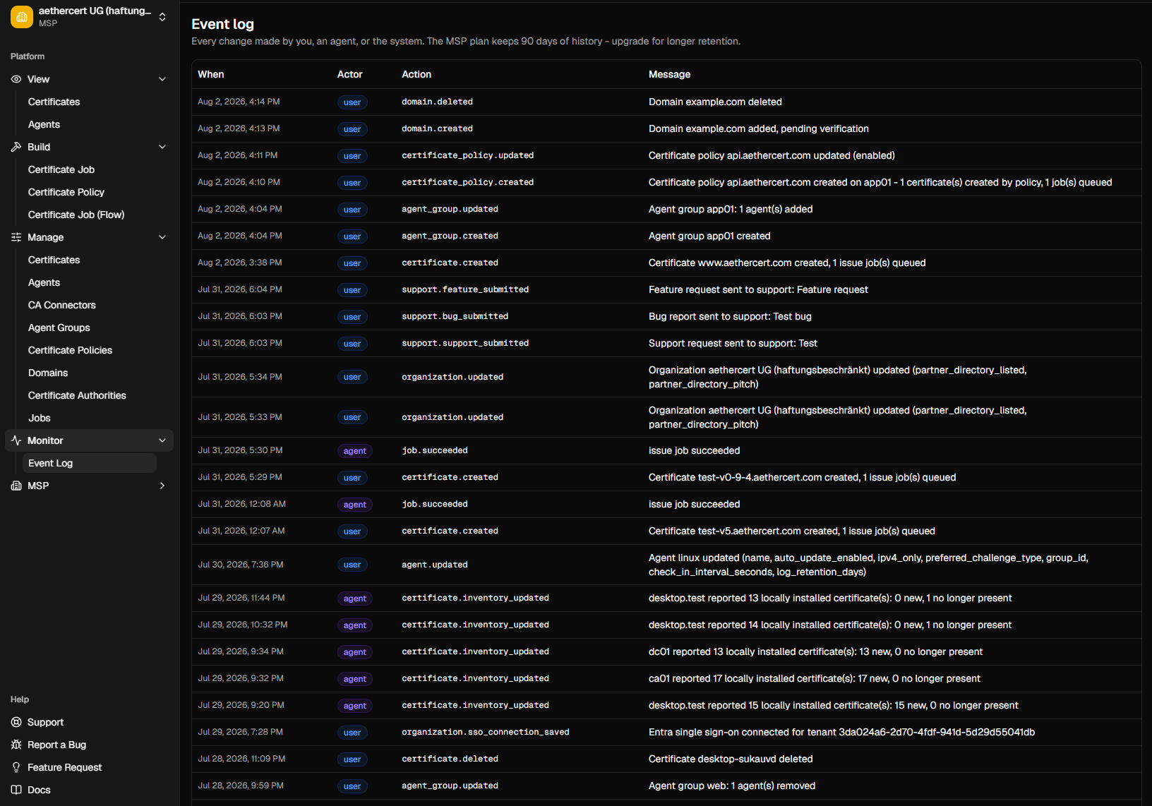 The event log listing timestamped events with their actor, action and message - certificate issuance, agent enrollment and administrative changes.